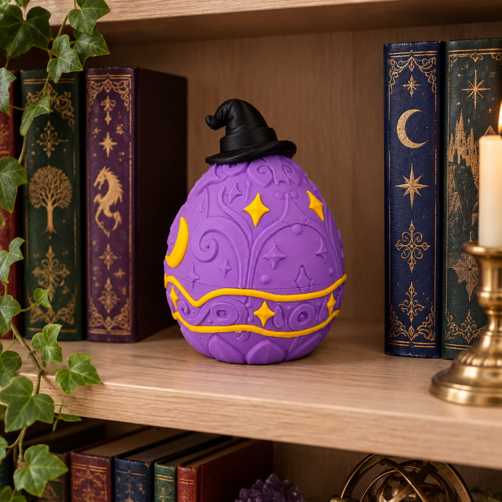 Wizard Dragon Egg box on a bookshelf