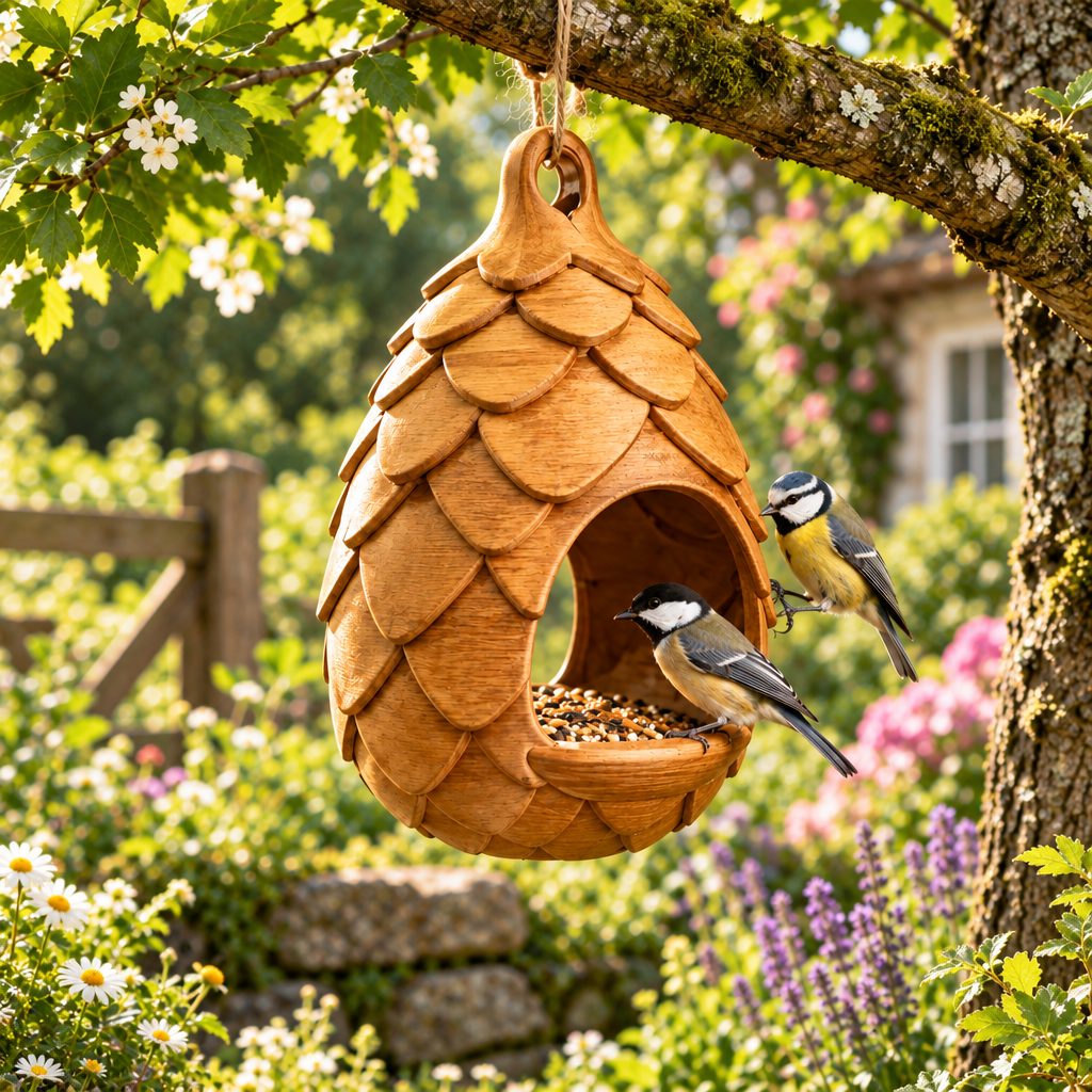 Pinecone feeder in cottage garden