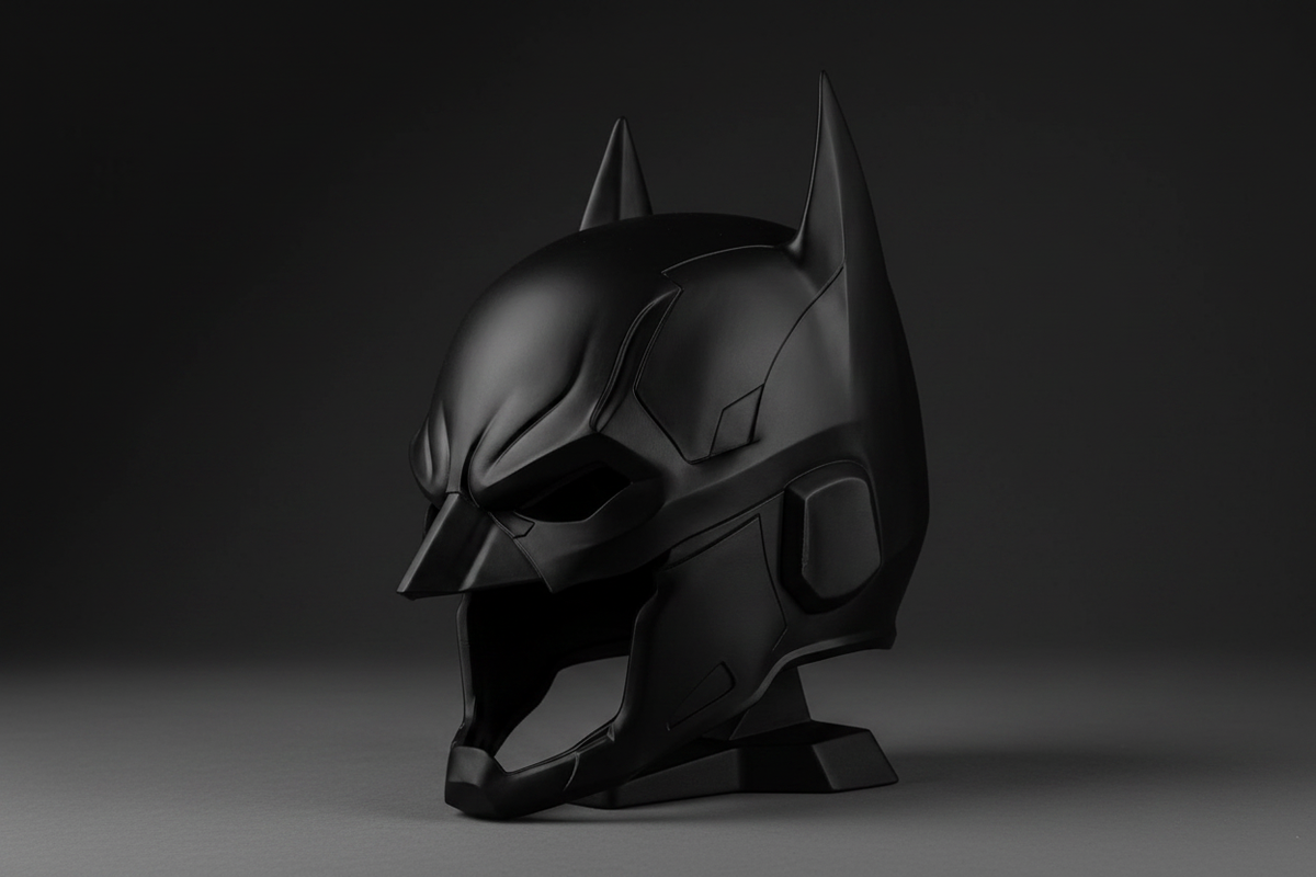 Batman cowl helmet replica sculpture black matte twin bat ears angular visor jaw guard display base side profile full silhouette every armour panel line neutral dark studio raking side light landscape editorial