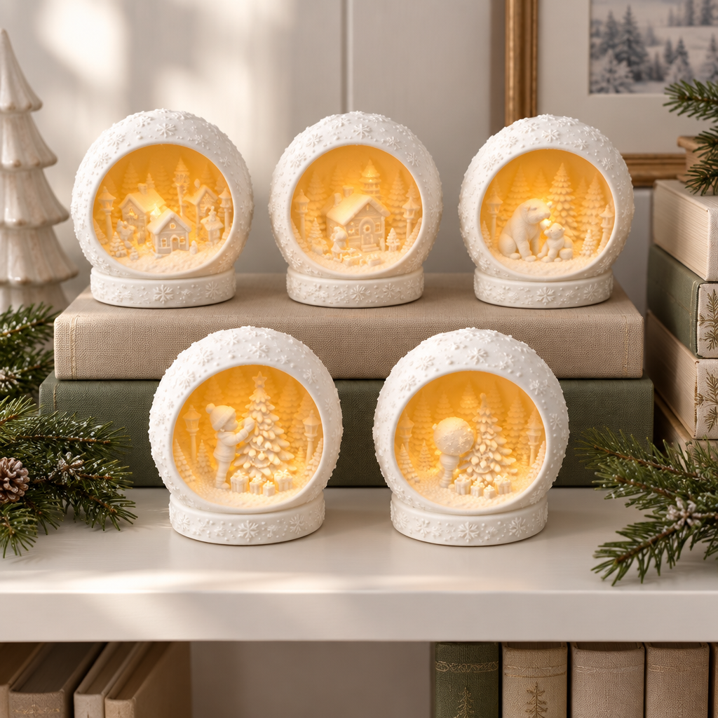 Five white snowflake-textured scene tealight holders styled on a modern bookshelf.