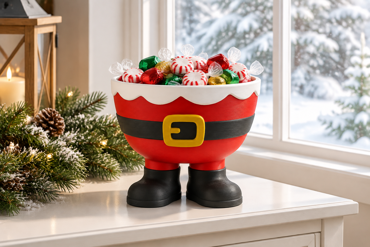 Santa legs sweet bowl on a console beside a winter window