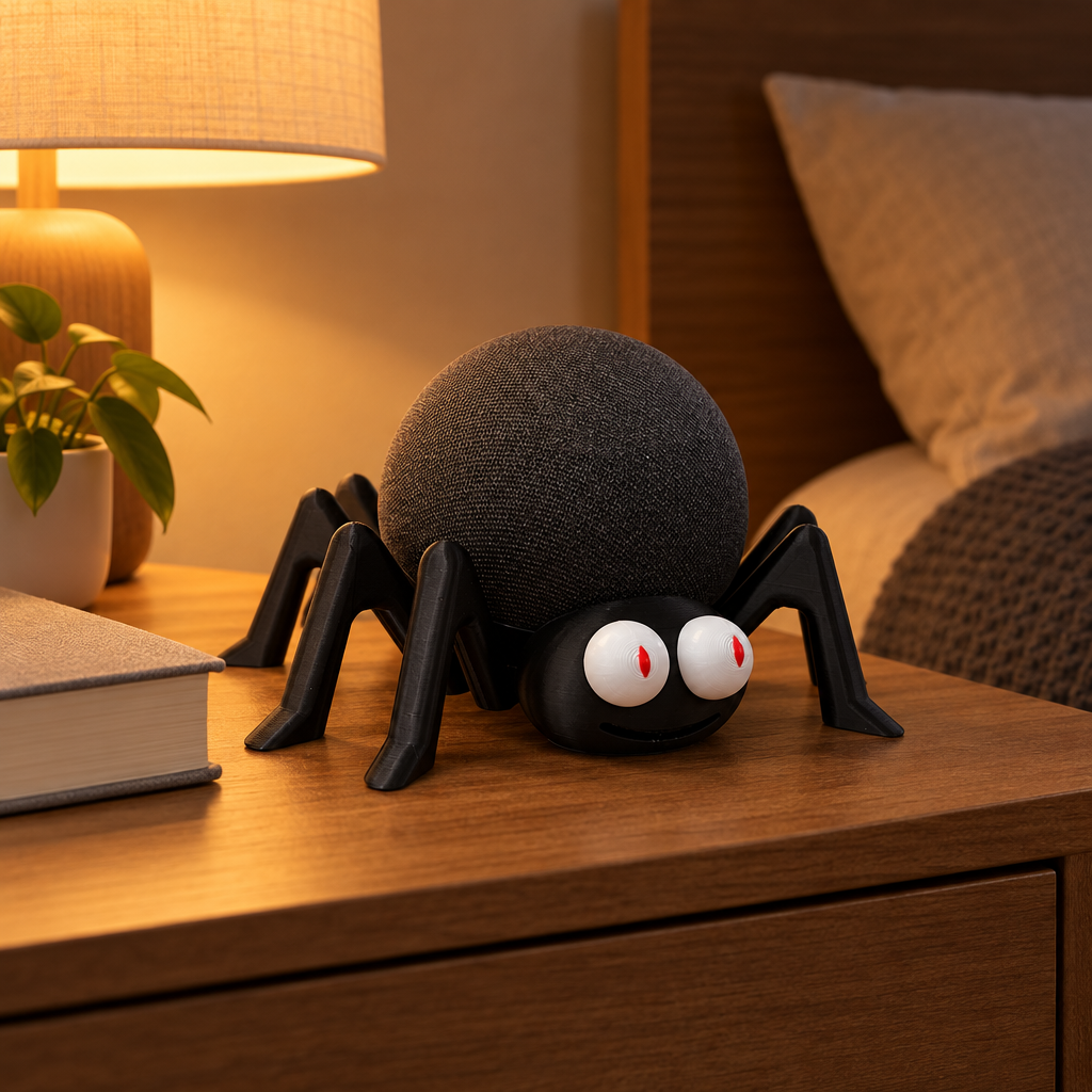 Spider Echo Dot skin on a wooden bedside table beside a book and a lamp