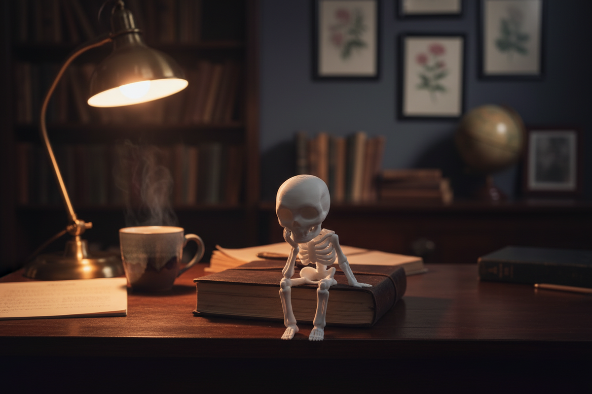 Sitting Sad Skeleton Figure on a dark desk beside a mug and notebook