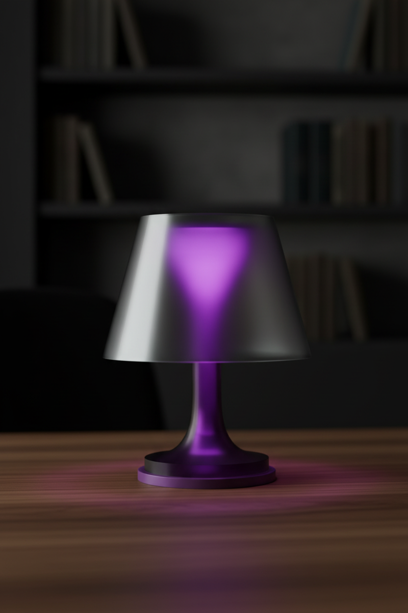 Modern Ambient Table Lamp deep purple glowing warm translucent tapered shade slim stem round base warm walnut desk moody home office dark walls atmospheric light spill portrait