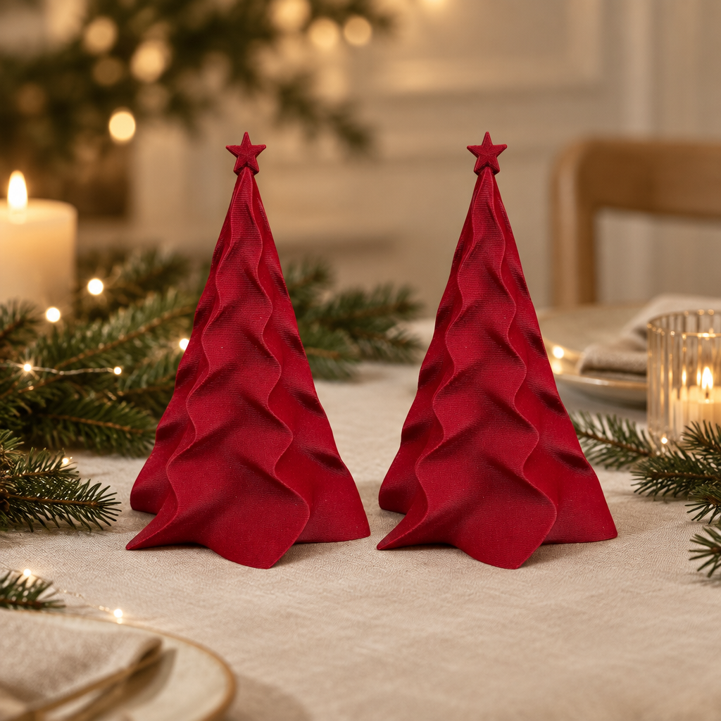 Two matching red folded Christmas trees styled on a festive dining table