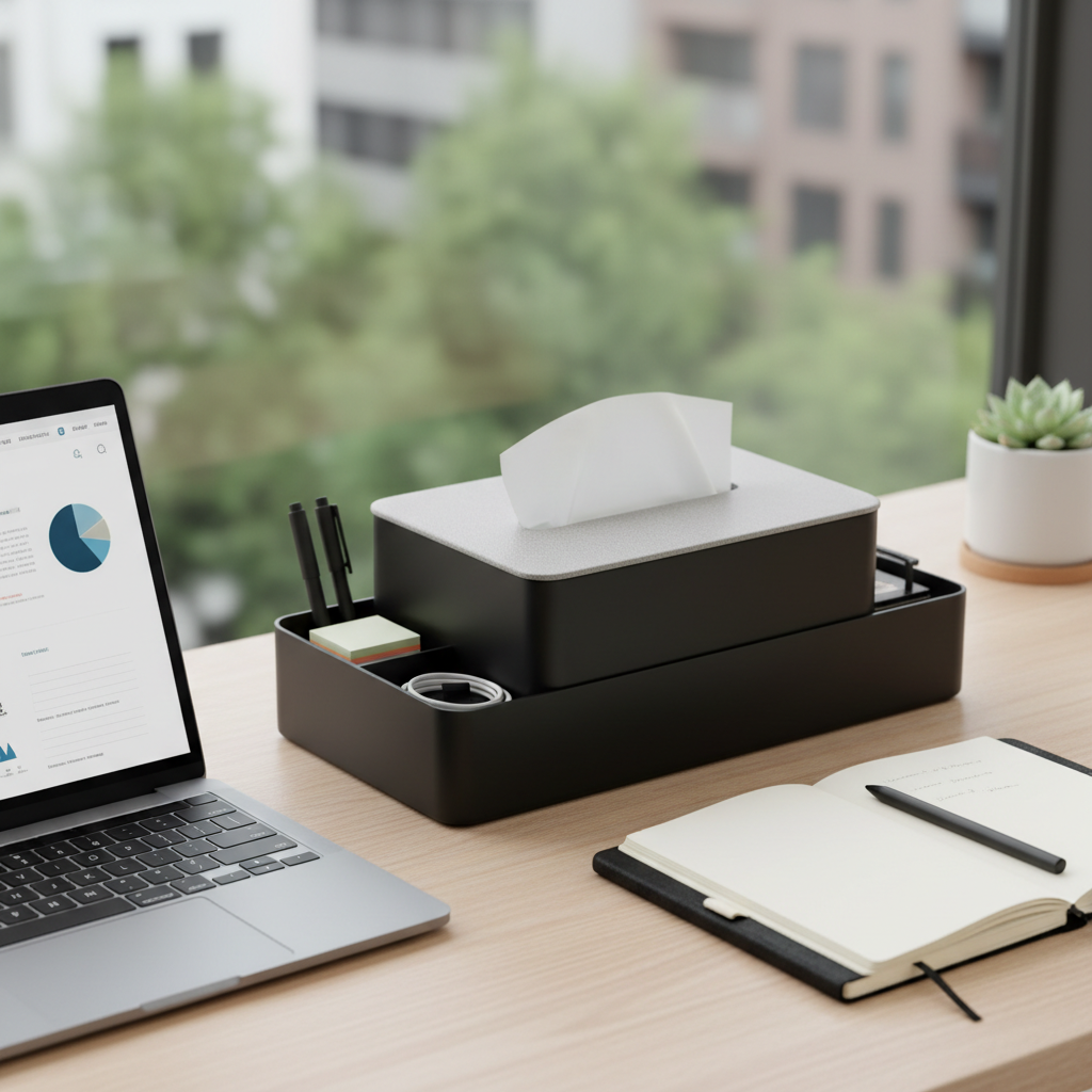 Tissue Box Organiser with Integrated Storage in black — on home office desk with laptop, notebook and pen, modern minimalist workspace