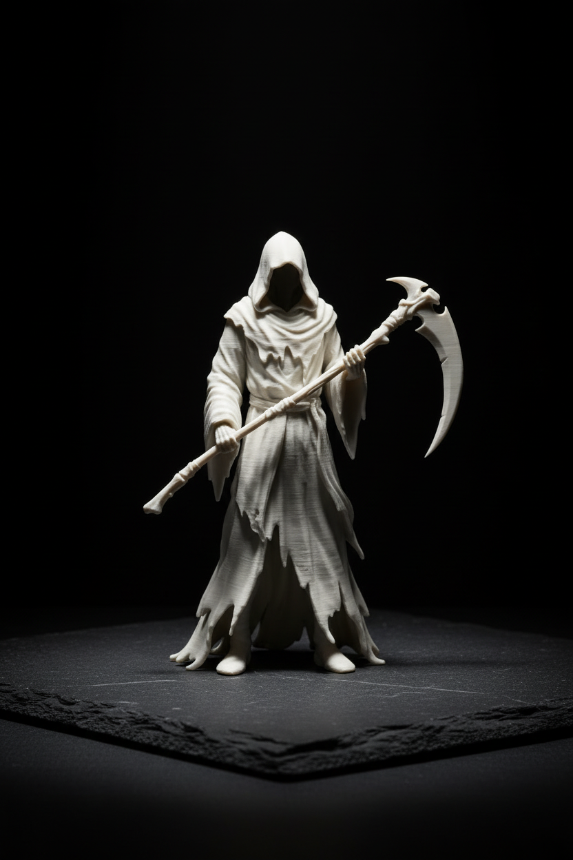 Grim Reaper figure close-up detail shot on dark slate with spotlight