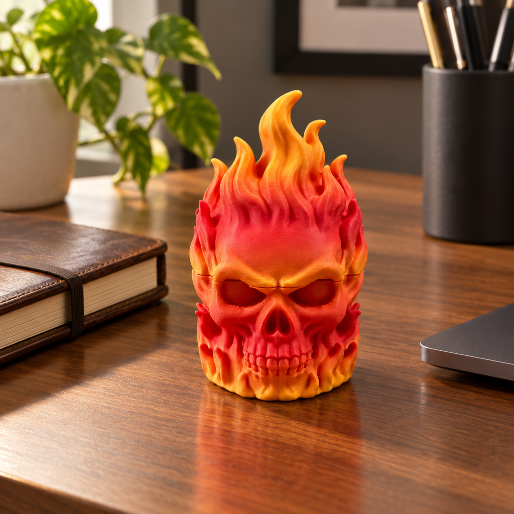Flaming Skull Herb Grinder on home office desk