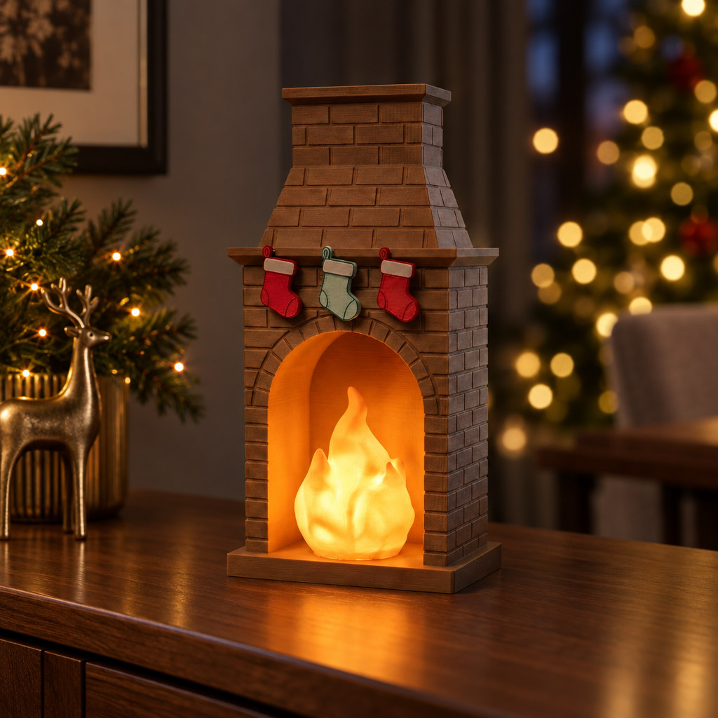 Christmas fireplace tealight holder on a sideboard with understated festive lights