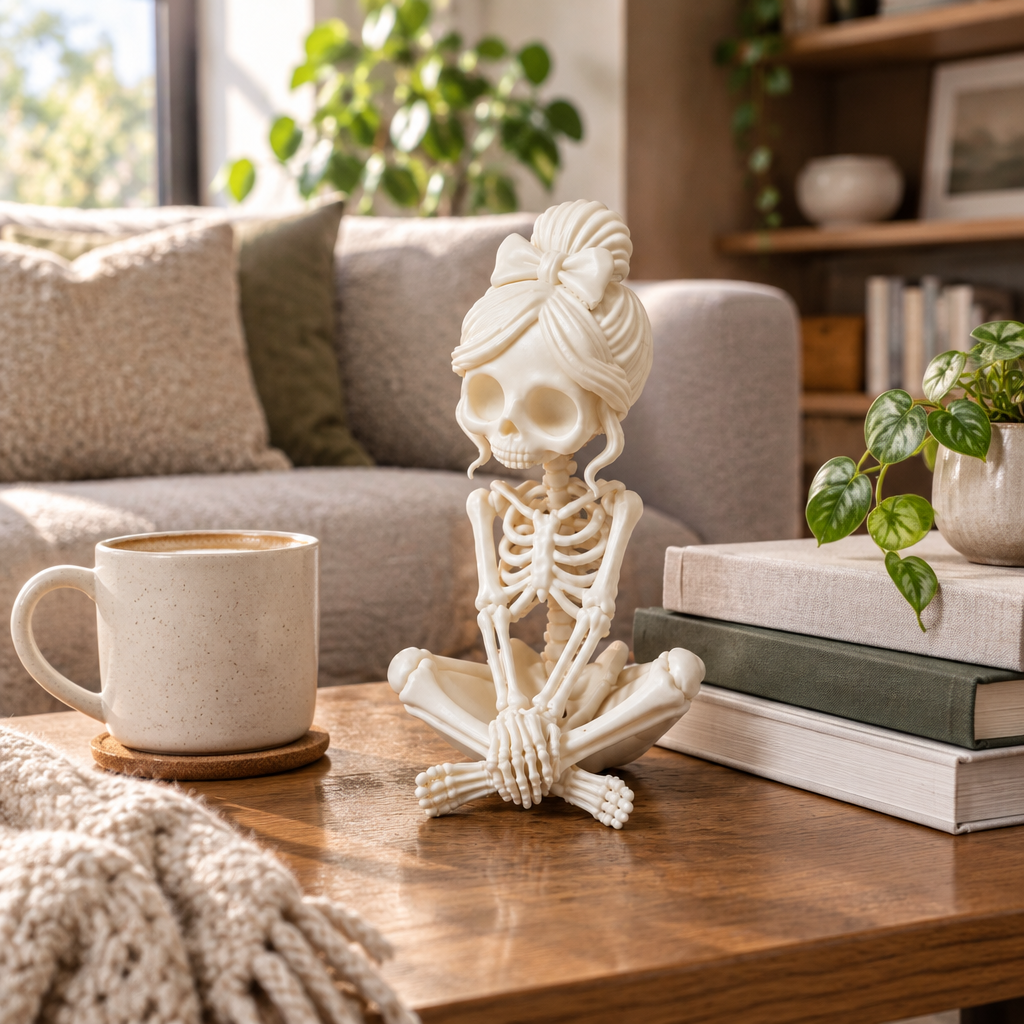 Lady Skeleton All Shy on a cosy coffee table