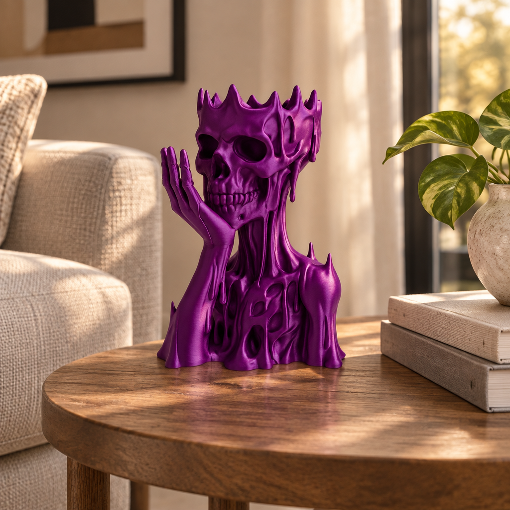 Purple skull and upper torso ornament on a round wooden side table beside a neutral sofa.