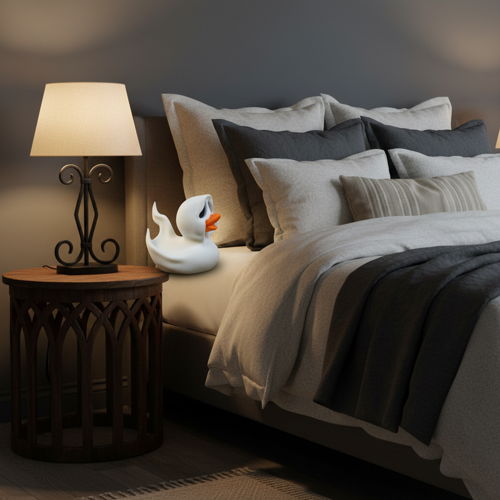 White Halloween ghost duck sculpture on a bedside table