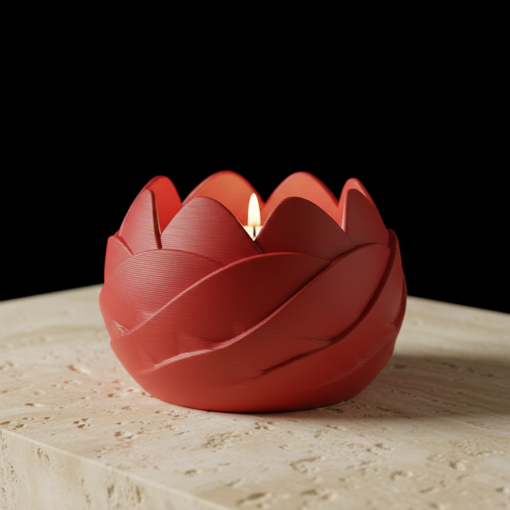 Single Leaf Petal Tealight Holder deep matte red petal scalloped form holding lit tealight extreme macro close up pale travertine black studio background soft directional raking light every overlapping petal edge warm inner candlelight glow precise sculptural shadow detail square editorial