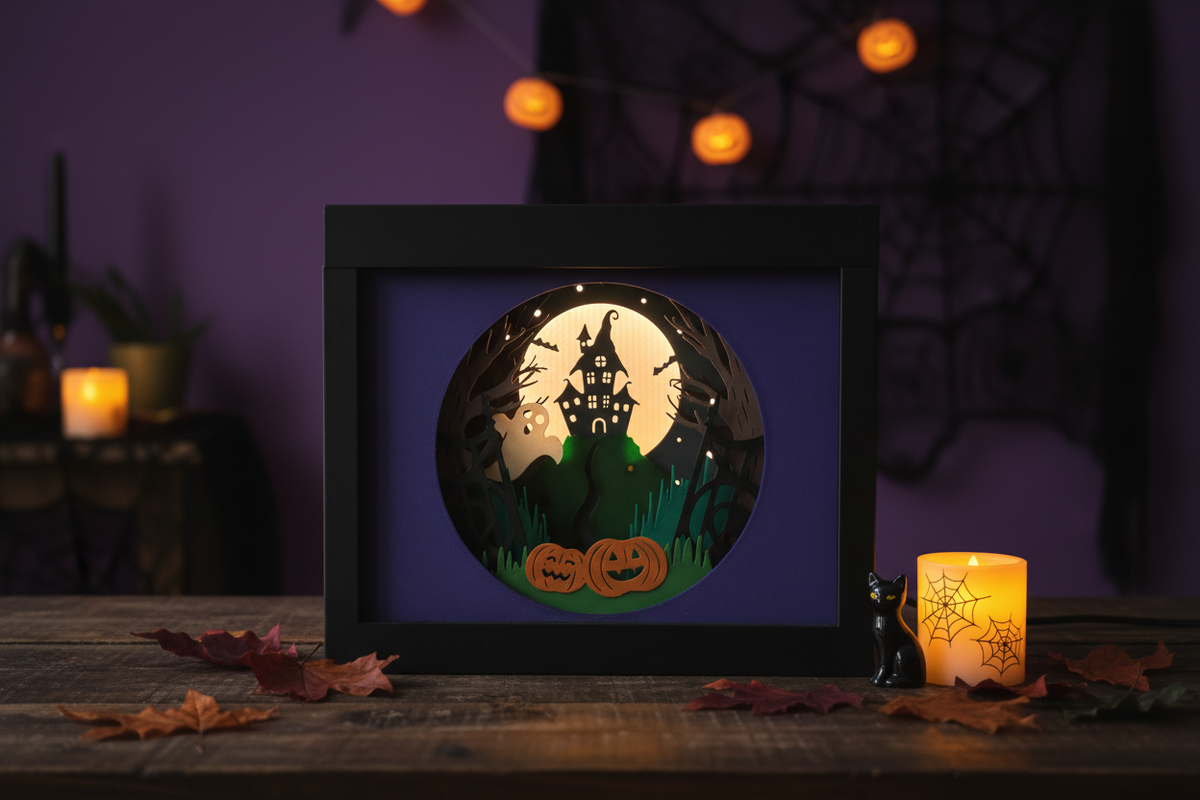 Halloween Shadow Box 2023 lit from within with warm magical inner illumination in a dimly lit Halloween room