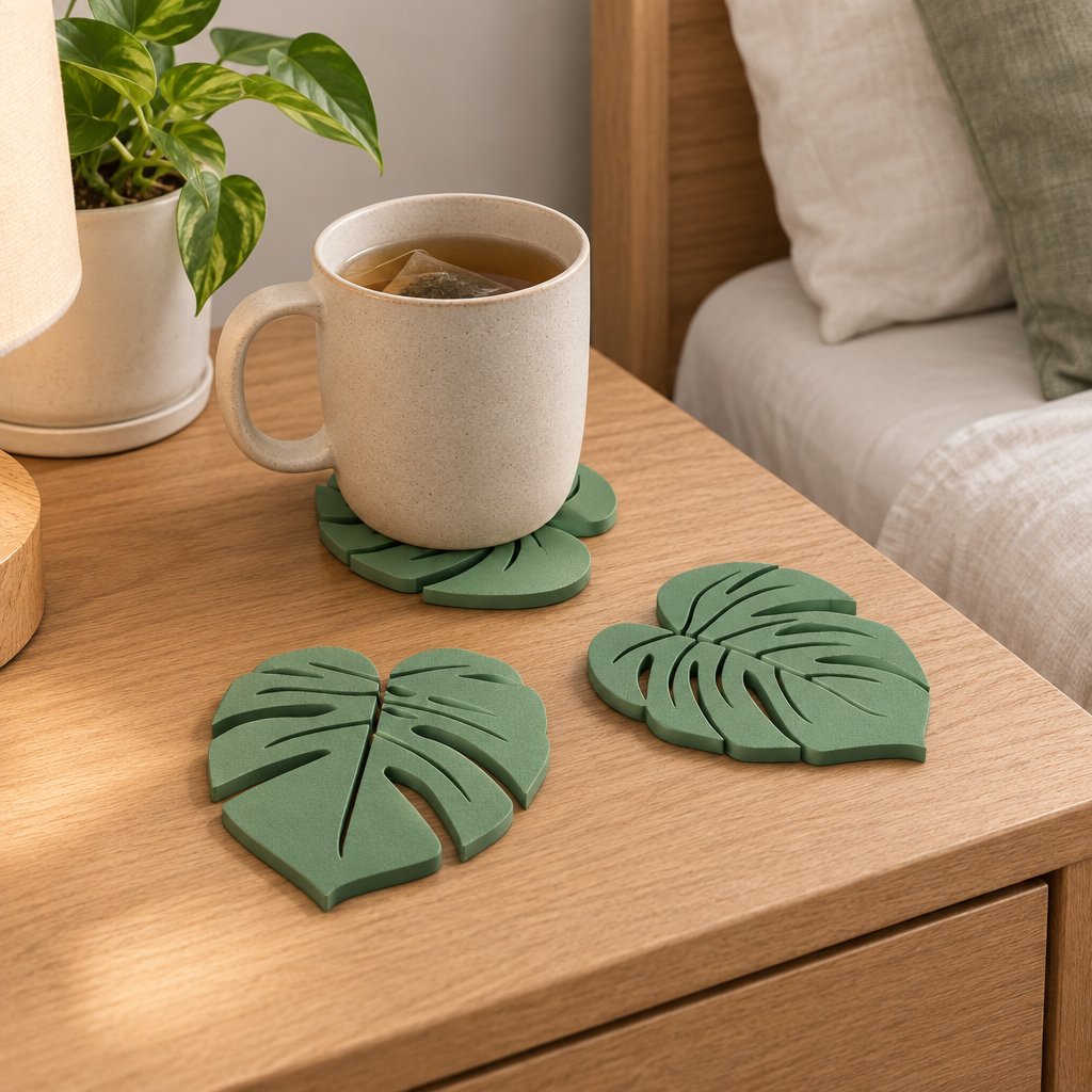 Sage green monstera leaf coasters with a tea mug on a wooden bedside table in a calm bedroom