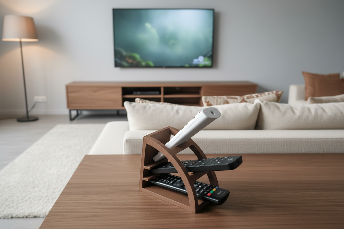 Remote Control Organizer holding TV remotes on a modern TV unit in a contemporary living room
