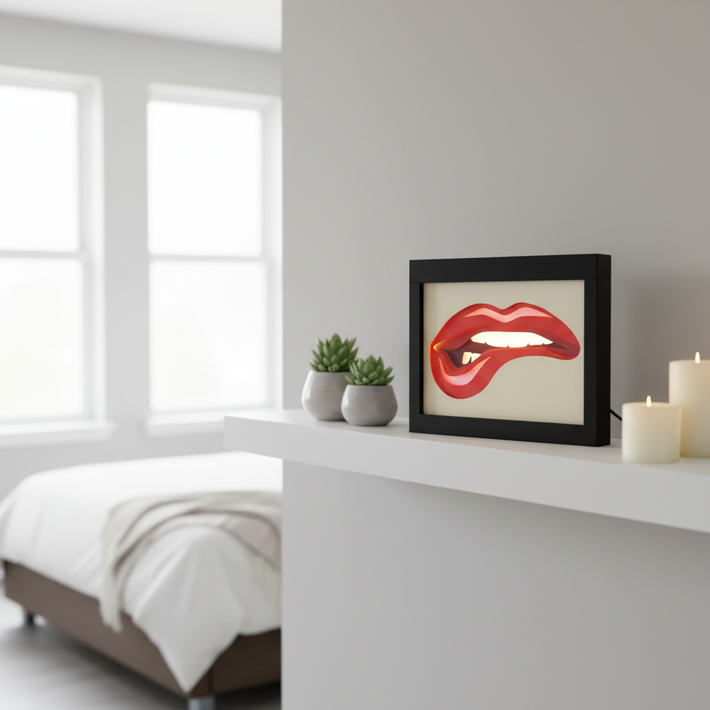 Lips Shadow Box displayed on a white shelf in a bright modern bedroom with plants and candles