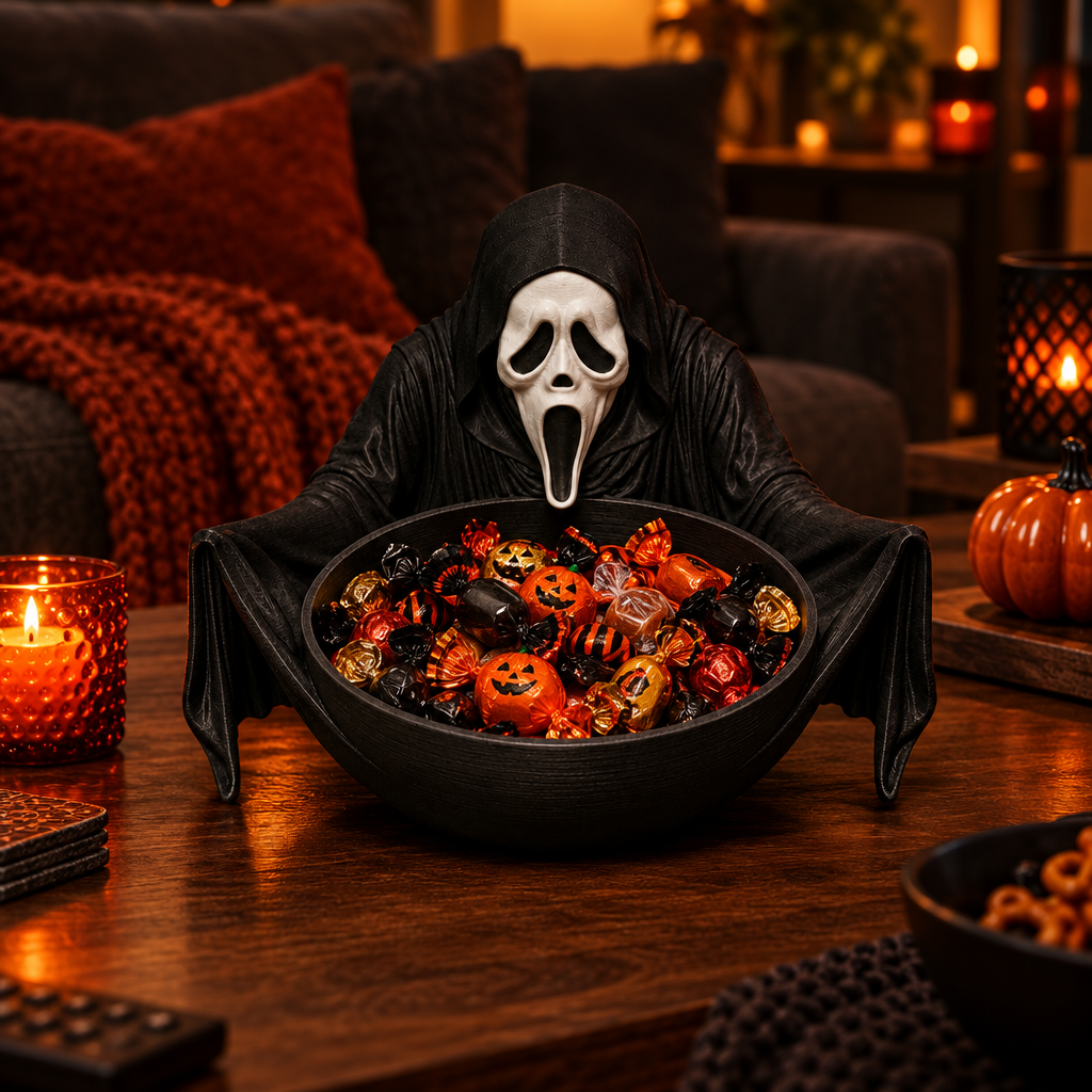 Black Ghostface-inspired sweet tray filled with wrapped Halloween sweets on a cosy coffee table