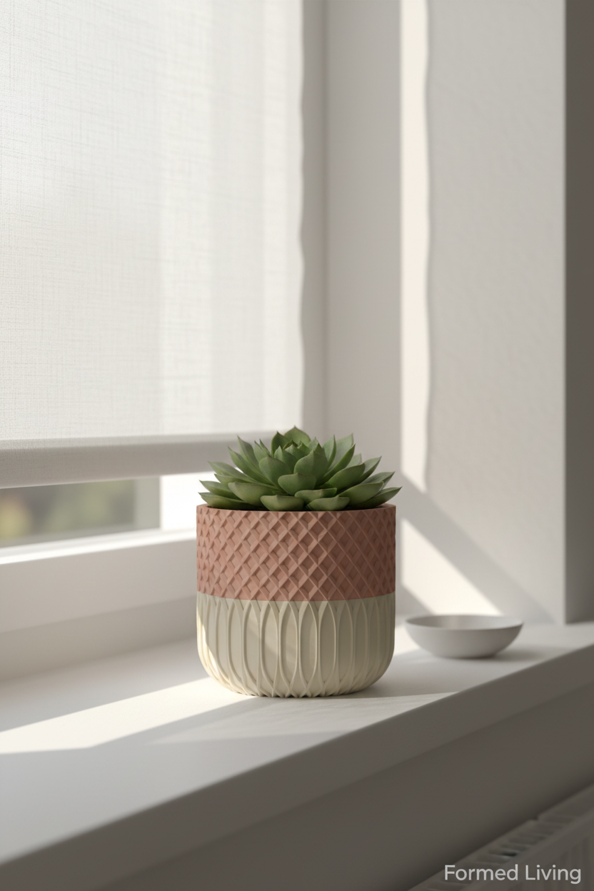 Two-Tone Textured Planter pink on windowsill morning light