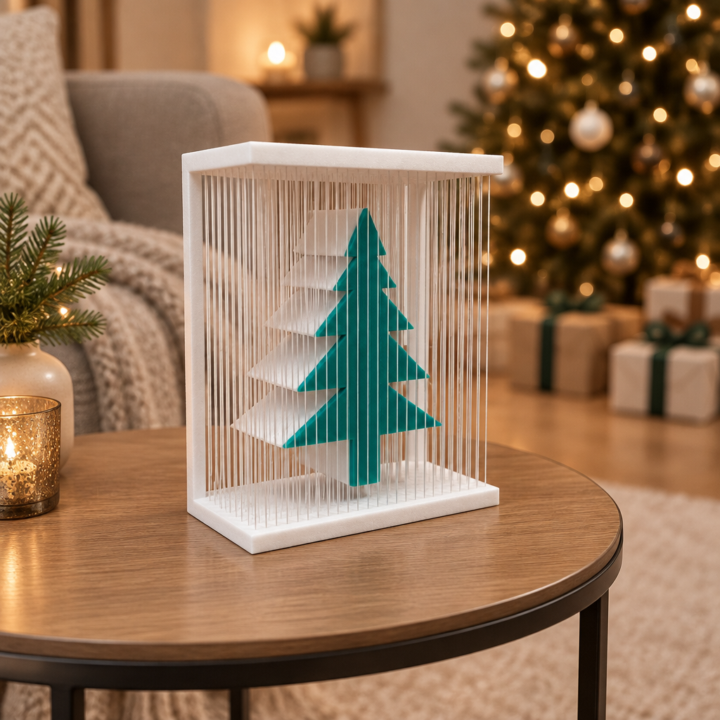 Teal-green Christmas tree display inside a white strand frame, styled on a side table with wrapped gifts in the background.