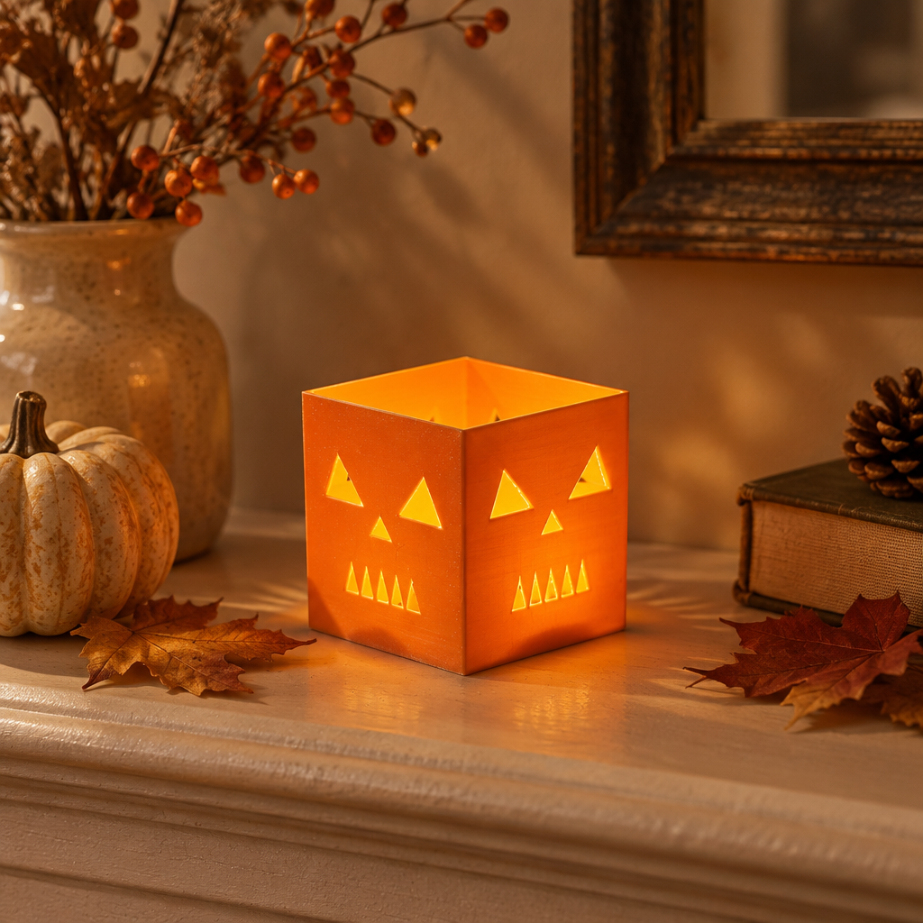 Orange cube pumpkin holder on an autumn mantel with a flameless LED tealight