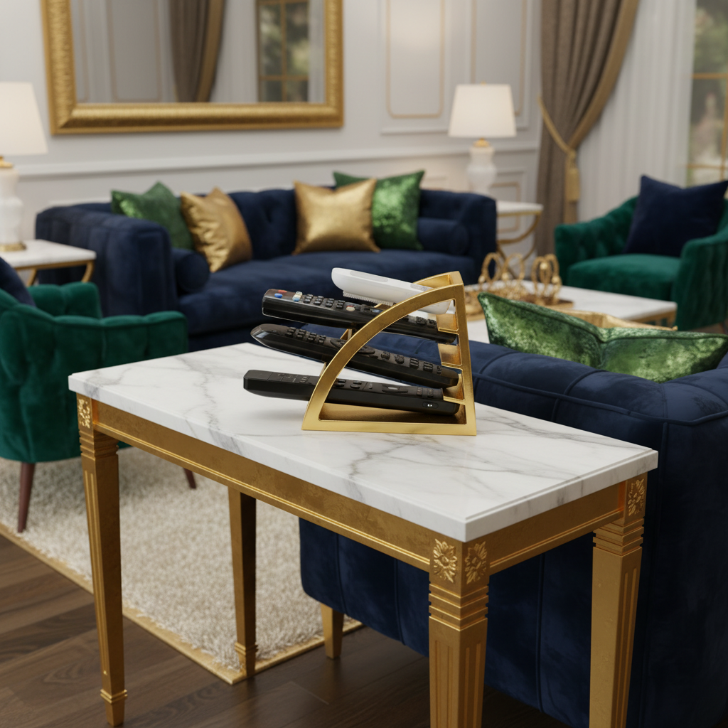 Remote Control Organizer in gold displayed on a marble console table in a luxurious glamorous living room