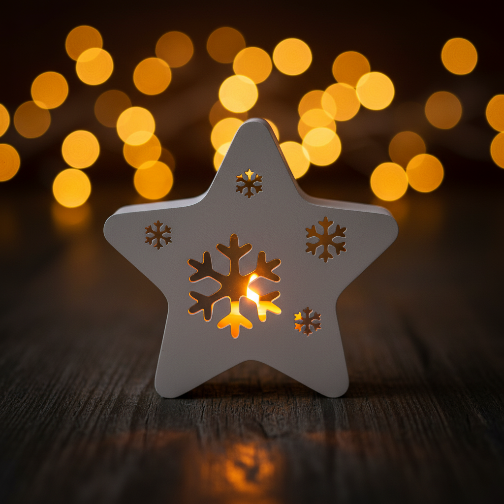 Close-up single star snowflake tealight glowing amber on dark rustic wood lifestyle