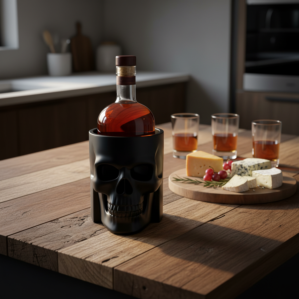 Skull bottle cooler with bottle on a rustic kitchen island with cheese board