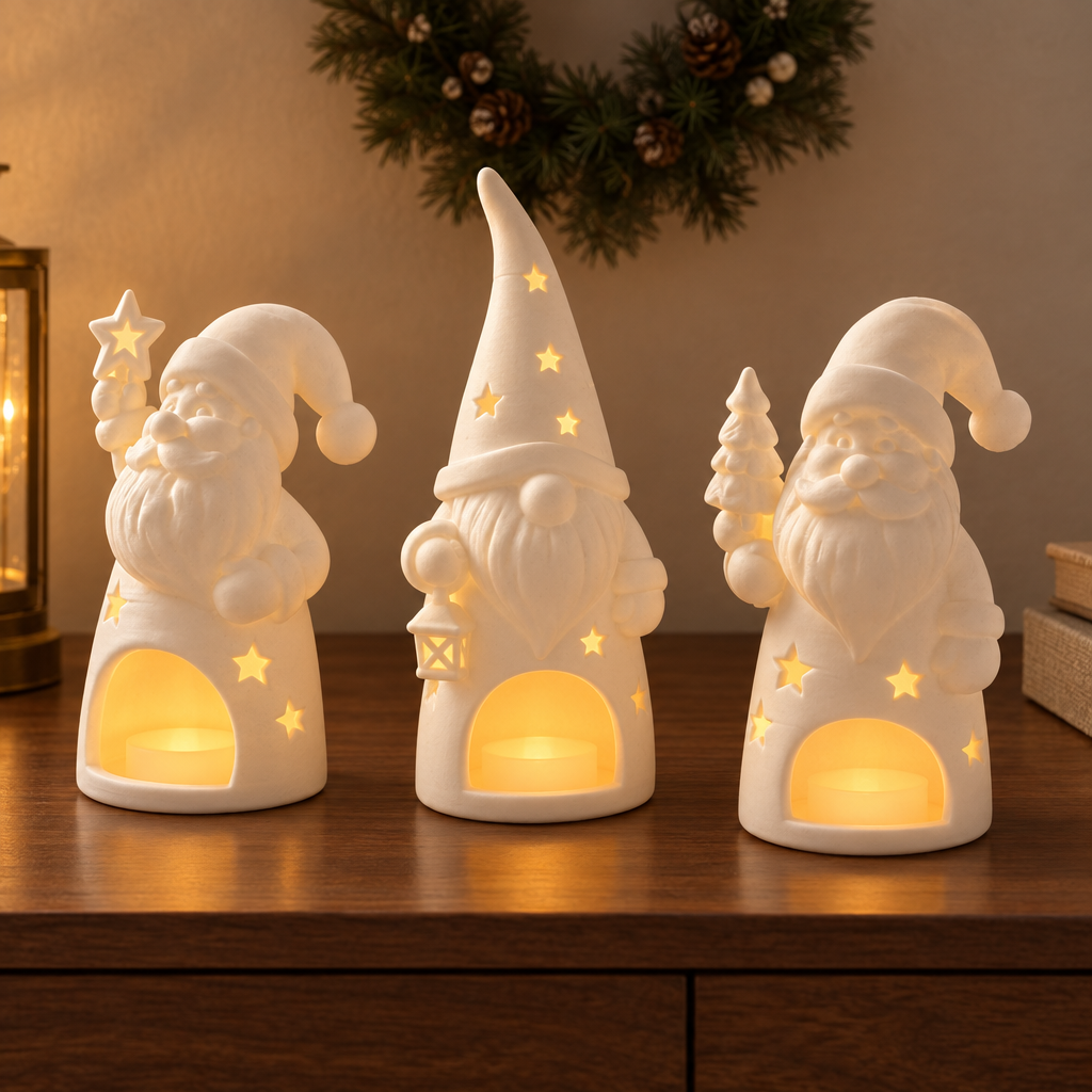 Three Santa and gnome tealight holders gently glowing on a walnut console