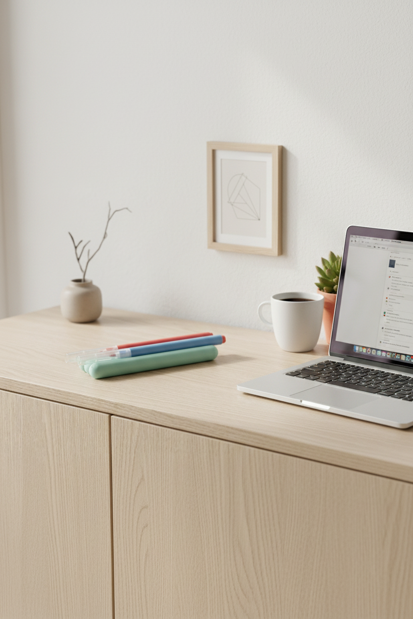 Minimalist Pen Tray mint green on oak desk - lifestyle