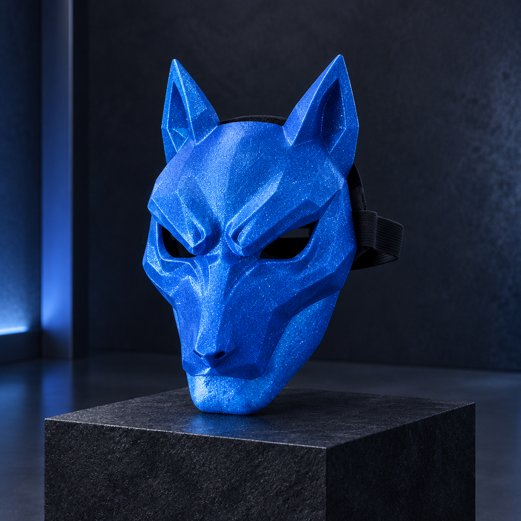 Neon glitter glow blue Kitsune Wolf Mask displayed against a dark background