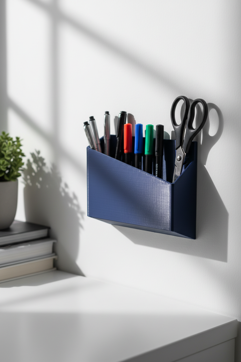 Navy blue Hydro Holder wall-mounted organizer on office wall with pens and scissors