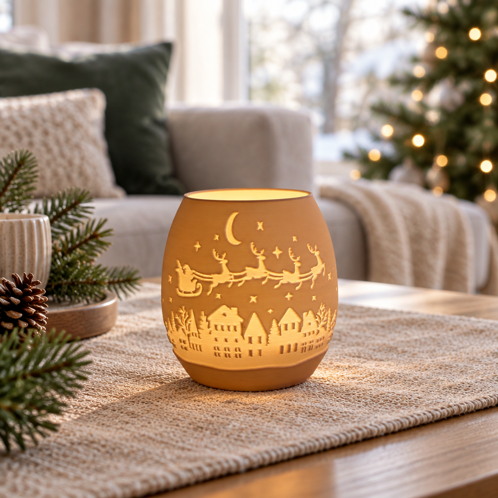 Amber Christmas village tealight holder on a coffee table in a neutral living room