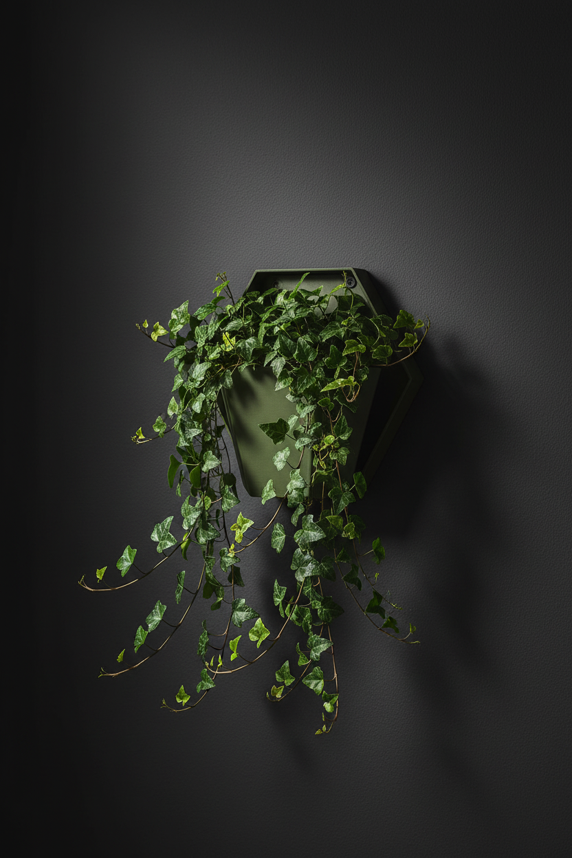 Geometric wall planter with trailing ivy on a dark charcoal home office wall