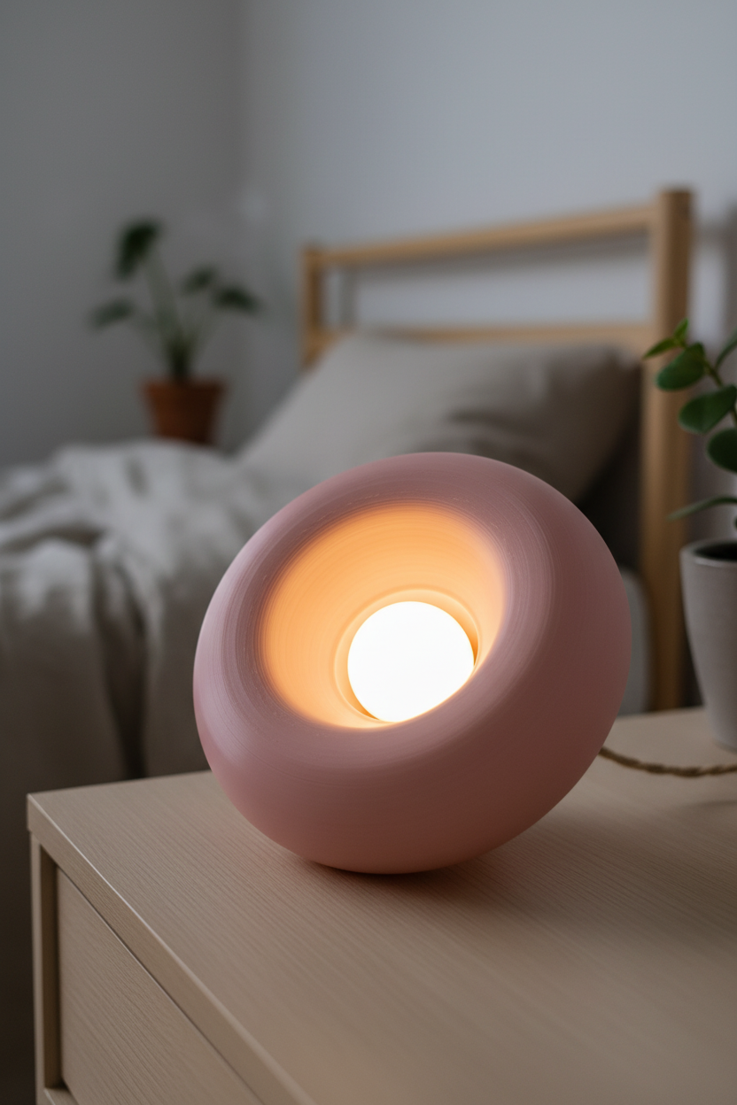 Soft Revolve Glow Lampshade as tabletop lamp on bedside table