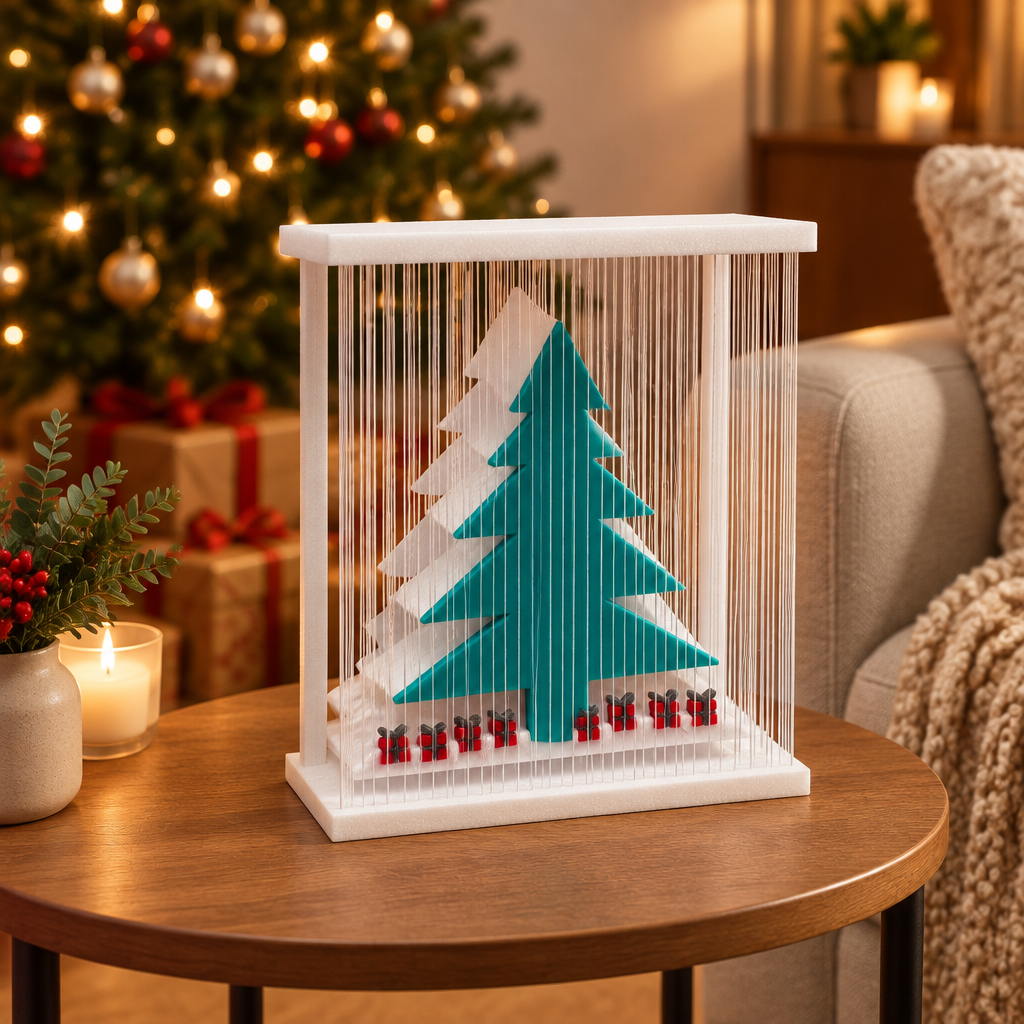 Teal-green tree display in a white frame with red-and-dark base accents on a side table beside softly blurred Christmas gifts.