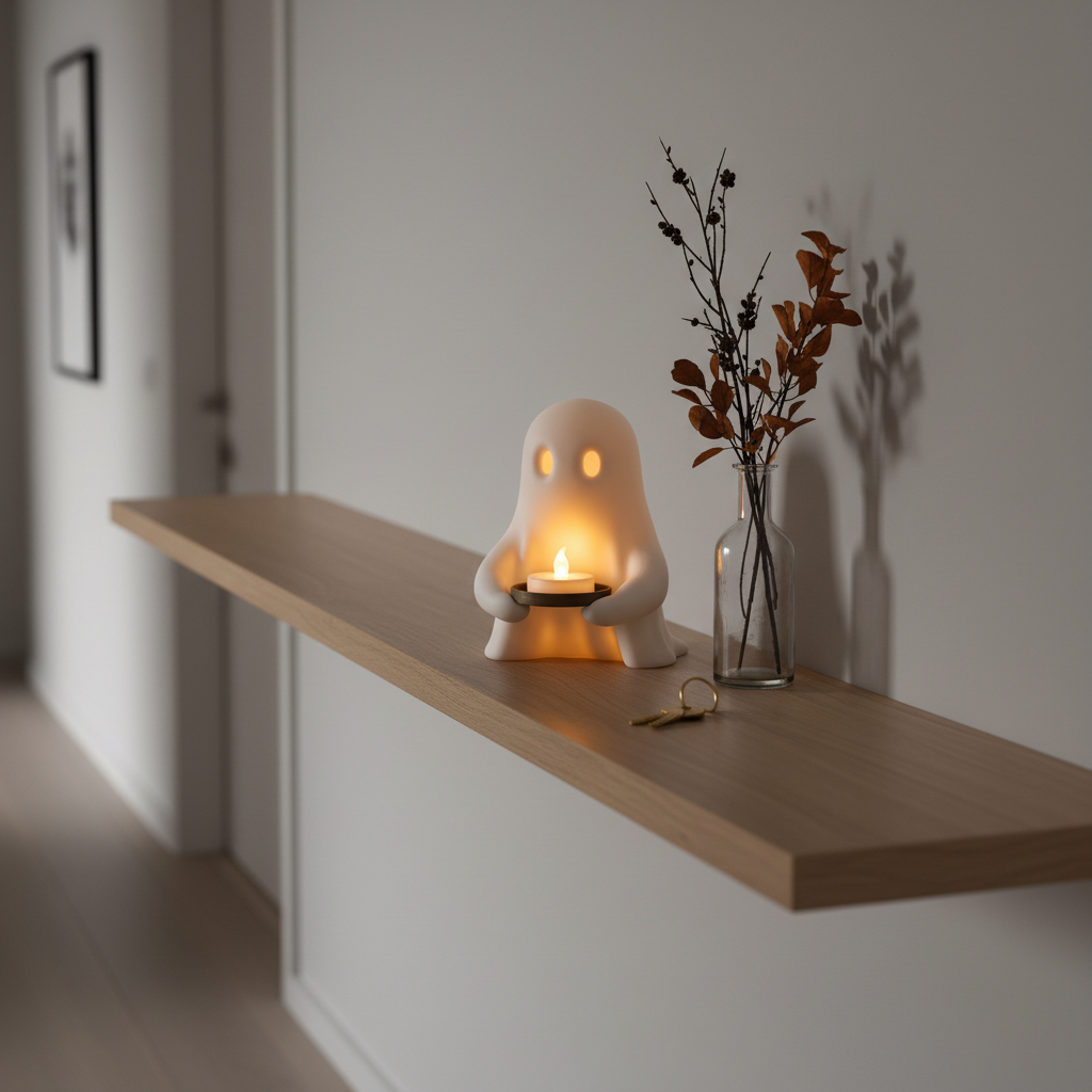 Compact ghost LED candle holder on a modern hallway shelf