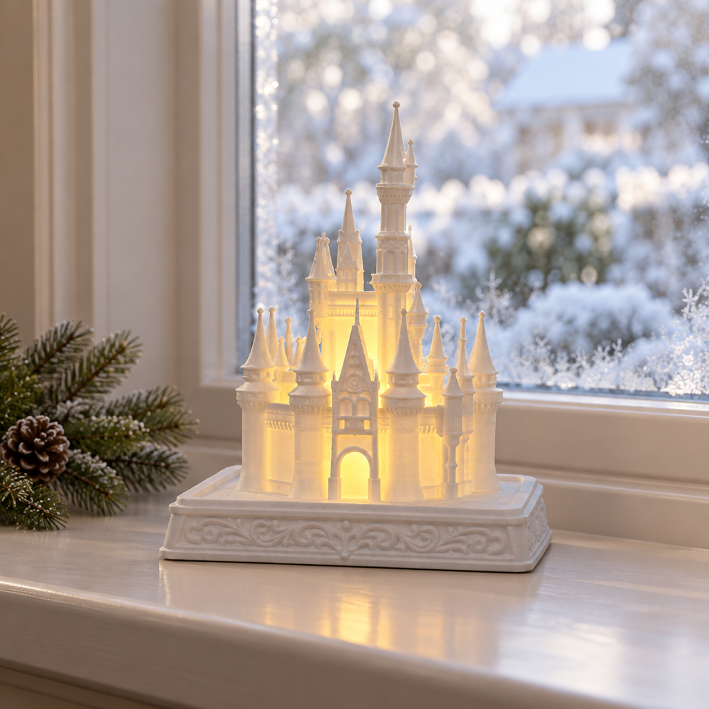 White castle tealight holder beside a softly blurred winter garden