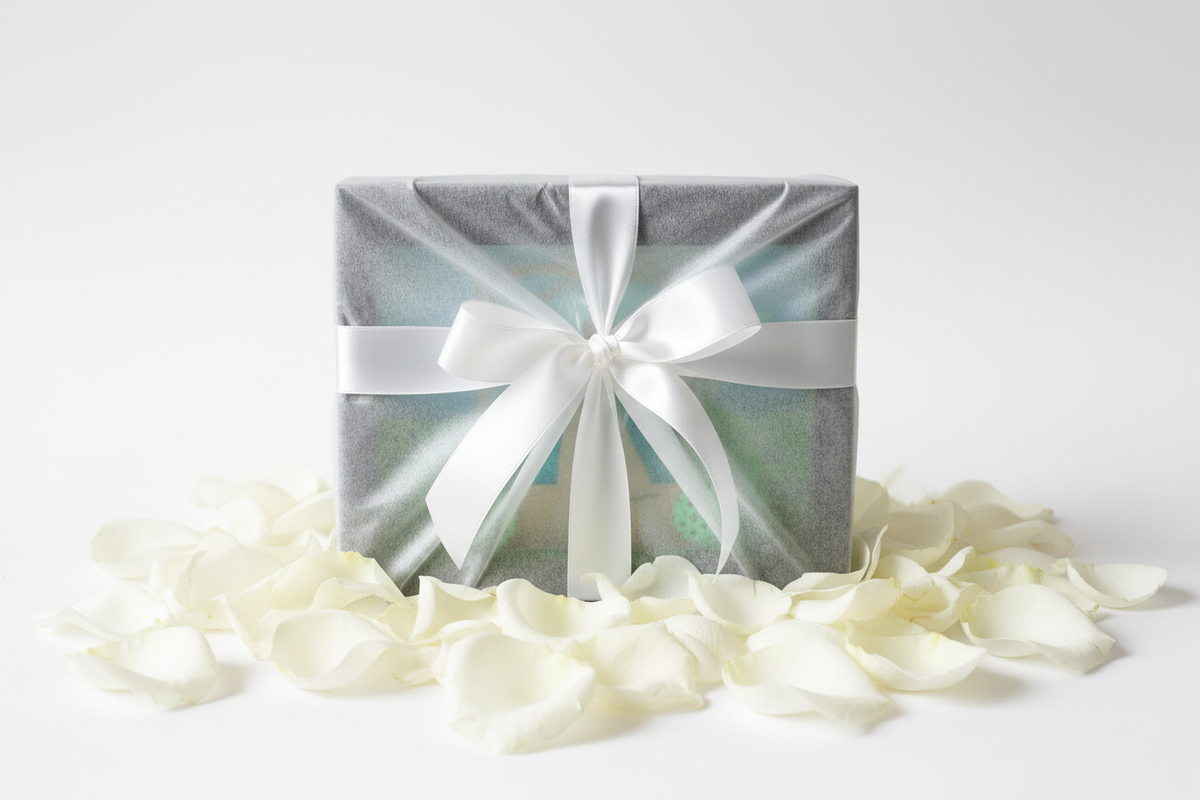 Wedding shadow box presented as a gift with white satin ribbon and rose petals
