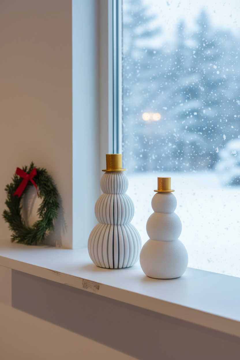 Snowmen with contrasting hat colours on Scandi white shelf