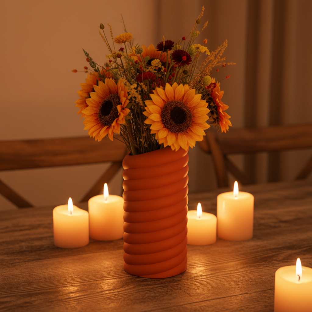 Terracotta orange swirly vase with dried sunflowers on a rustic wooden dining table with candles