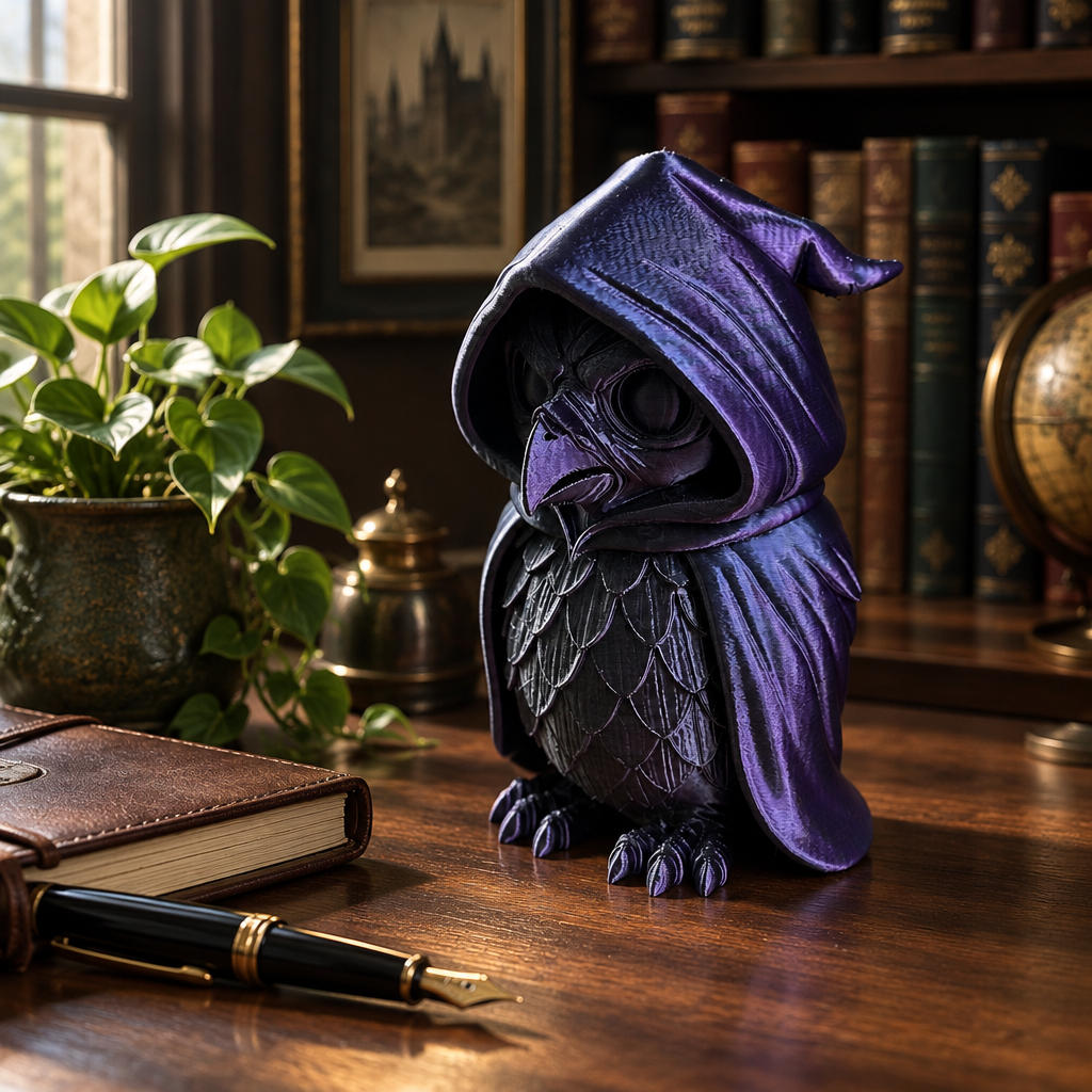 Cloaked Owl sculpture on a dark academia desk