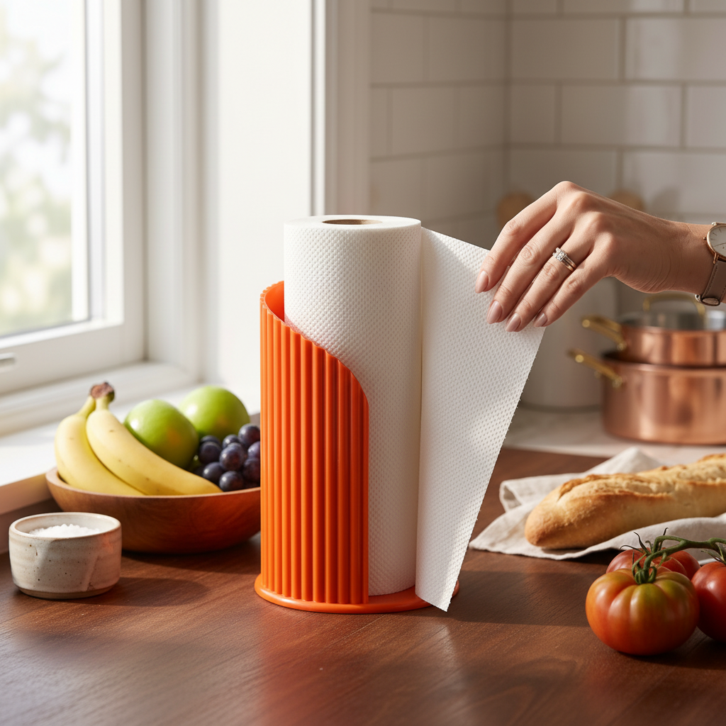 Inca Ribbed Paper Towel Holder - orange colourway with kitchen roll on dark wooden counter, fruit bowl and copper pots in background