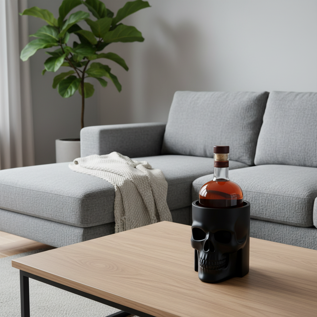 Skull bottle cooler with bottle on a lounge coffee table with grey sofa
