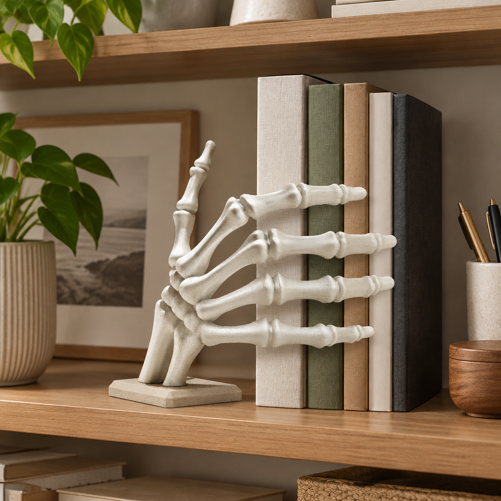 Skeleton hand bookstop in a home office