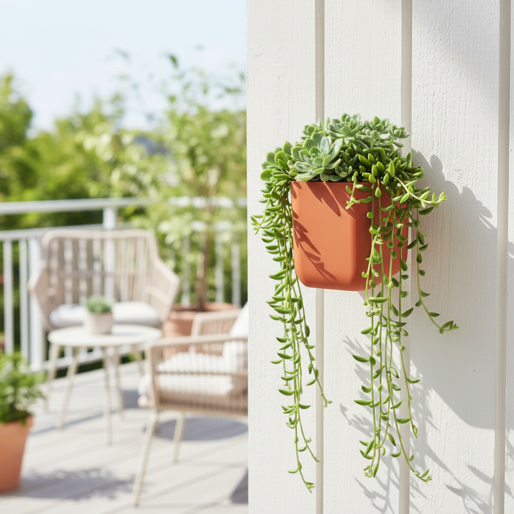 Terracotta orange wall planter with trailing succulents on sunny balcony fence