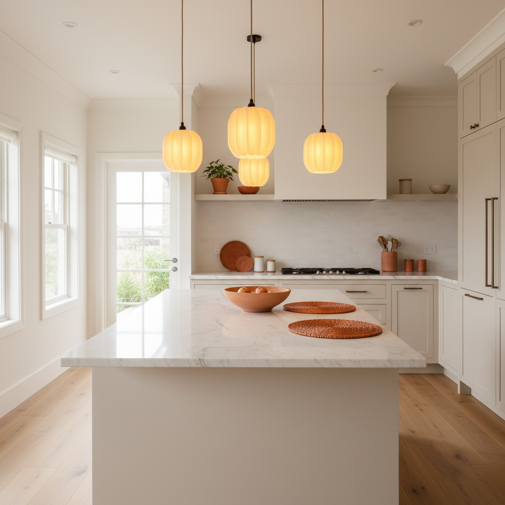 Sleek Ribbed E27 Lamp pendant over marble kitchen island