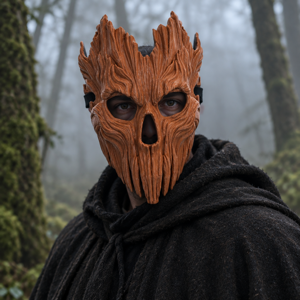 Skullbark Mask worn with cloak in woodland