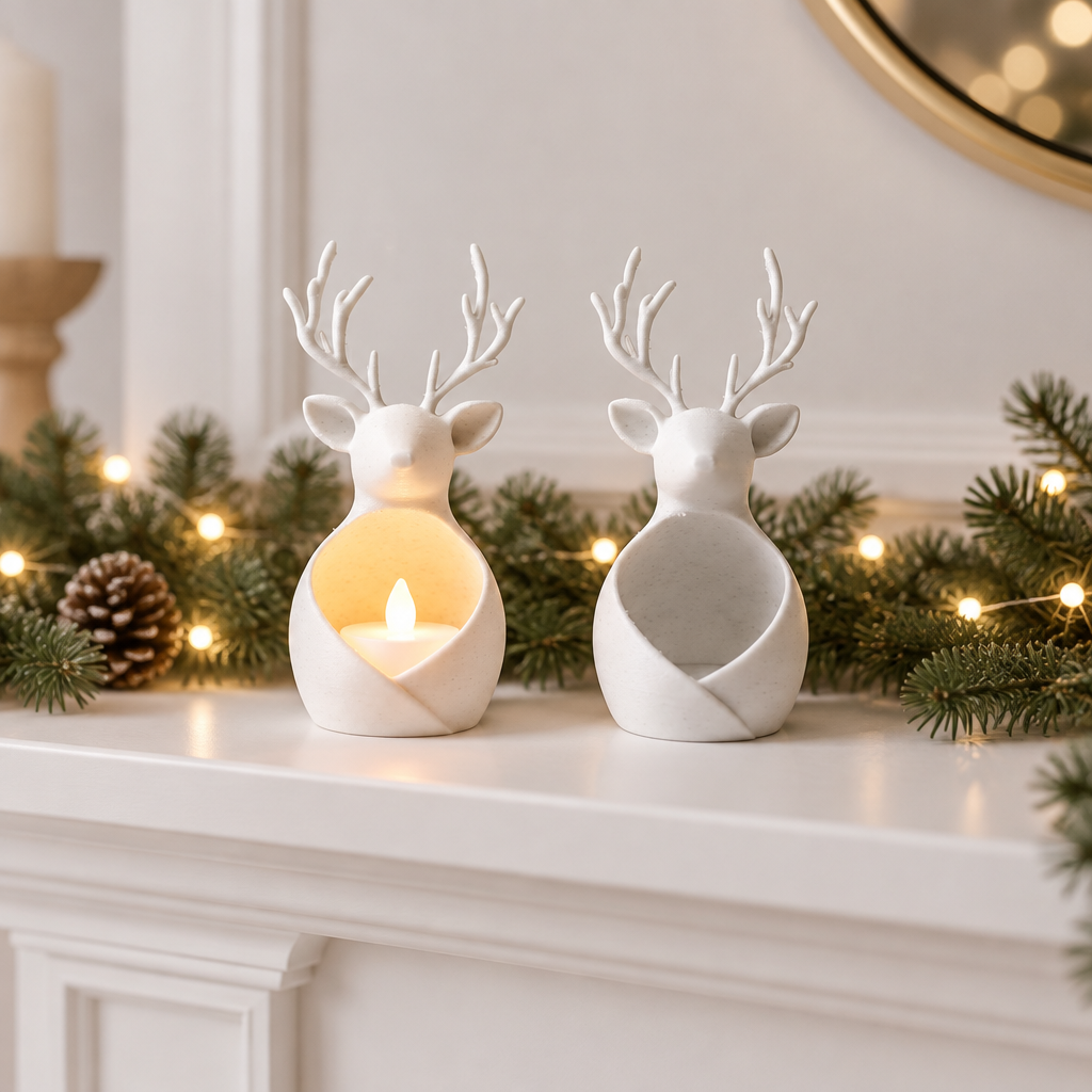 Matching white reindeer tealight holders styled on a Christmas mantel