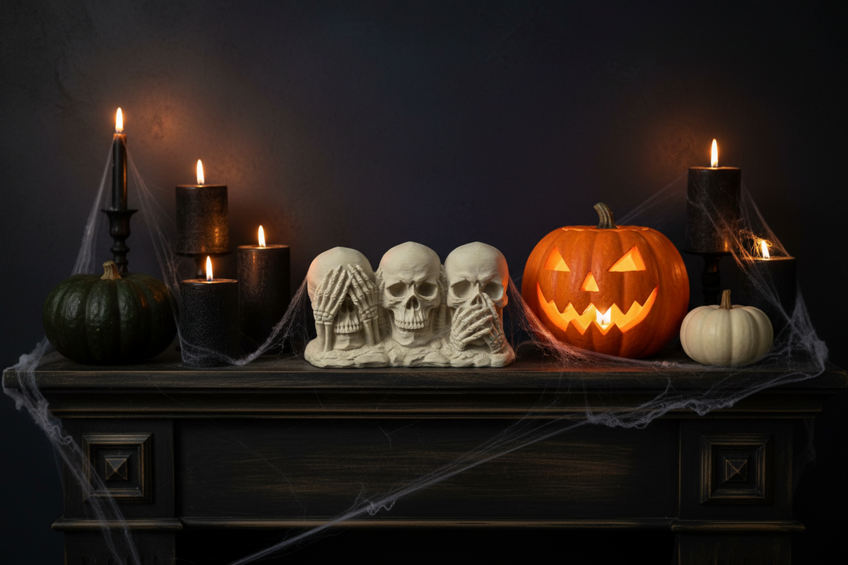 See No Evil Hear No Evil Speak No Evil Skull sculpture on a Halloween mantel